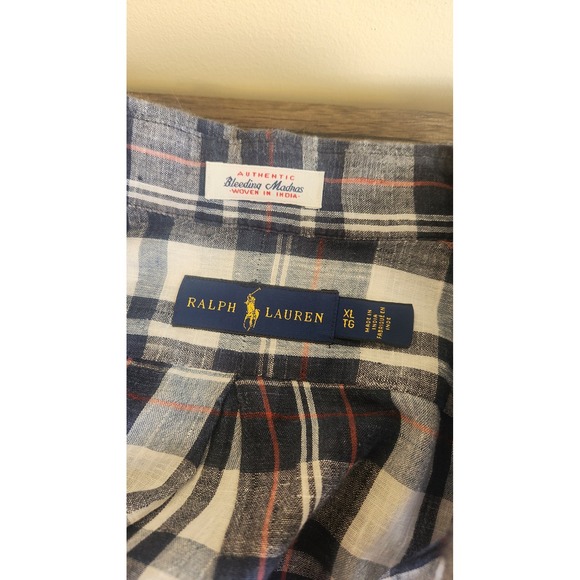 Ralph Lauren Mens XL Bleeding Indian Madras Plaid Short Sleeve Button Shirt Blue - Picture 4 of 7